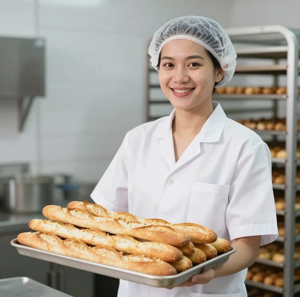 Nữ nhân viên sản xuất cầm khay bánh mì que vừa ra lò