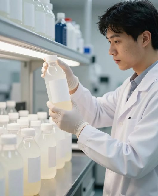Nhân viên kiểm định soi chai đồ uống dưới ánh sáng trong phòng thí nghiệm