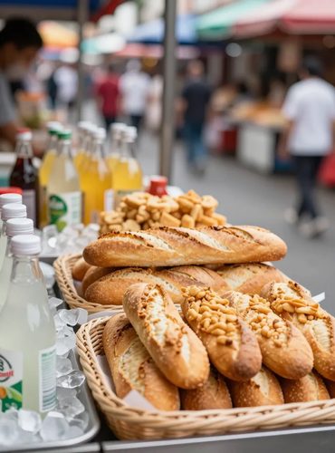 Đặc sản bày bán trên quầy chợ: bánh mì que trong giỏ và đồ uống ướp đá