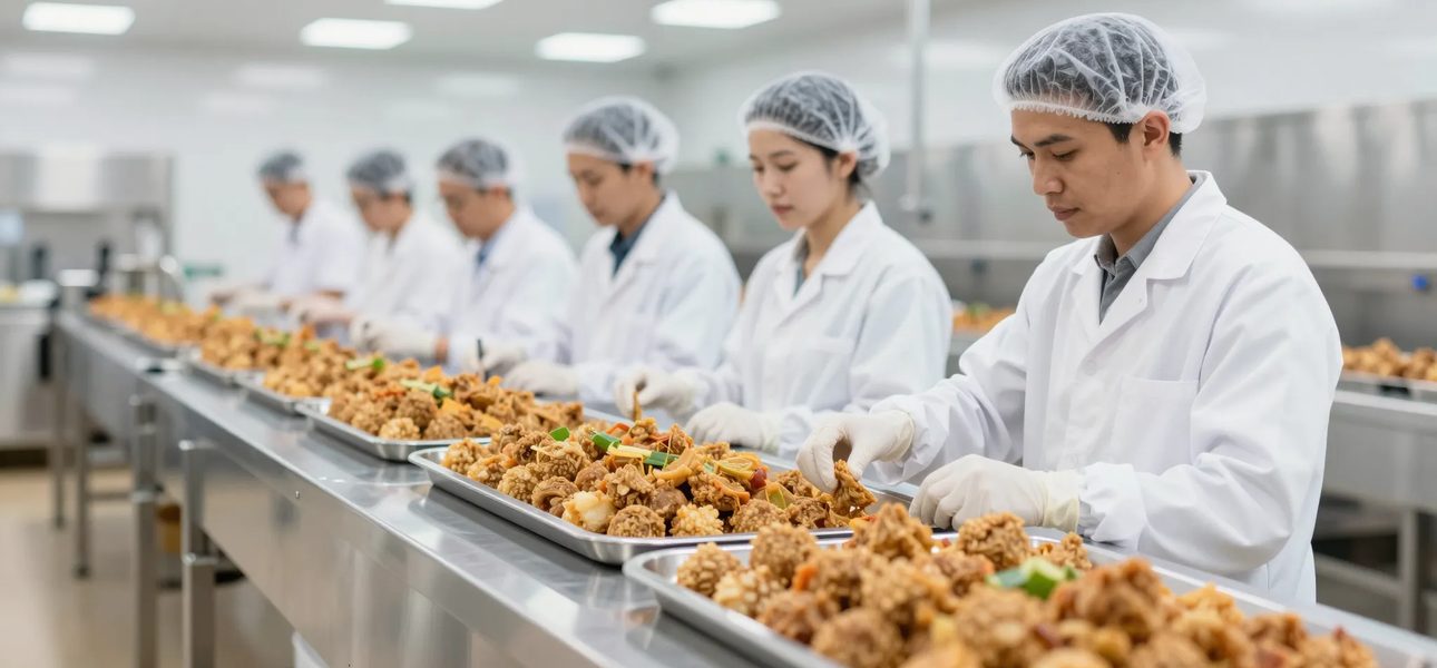 Dây chuyền sản xuất dài với nhiều công nhân trong nhà xưởng
