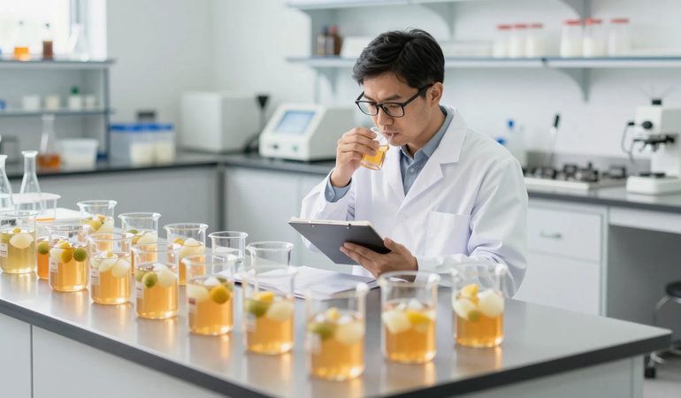 Chuyên viên nghiên cứu sản phẩm nếm thử mẫu đồ uống