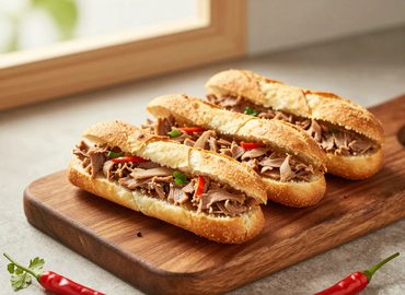 Bánh mì que Hải Phòng nhân pate trên thớt gỗ