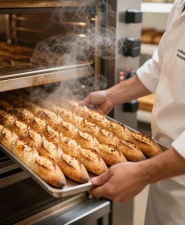 Thợ làm bánh lấy khay bánh mì que vàng ruộm ra khỏi lò