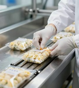 Bàn tay đeo găng hàn kín gói thực phẩm trên dây chuyền inox