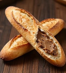 Cận cảnh bánh mì que bẻ đôi lộ phần pate bên trong