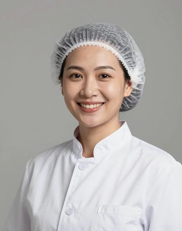 Chân dung nữ nhân viên sản xuất đội mũ trùm tóc