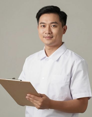 Chân dung nam nhân viên sản xuất cầm bảng kẹp hồ sơ