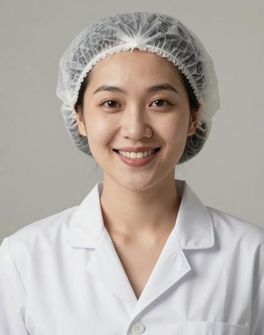 Chân dung nữ nhân viên trẻ đội mũ trùm tóc